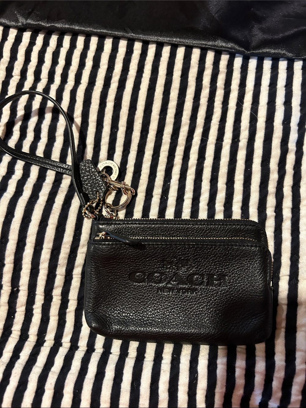 Coach Black Pebbled Leather Zip Wristlet Keychain
